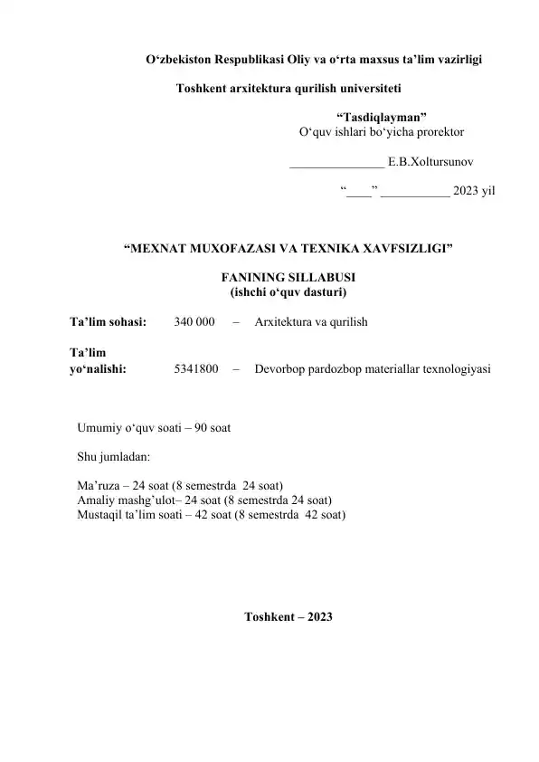 Mexnat muxofazasi va texnika xavfsizligi fani sillabusi