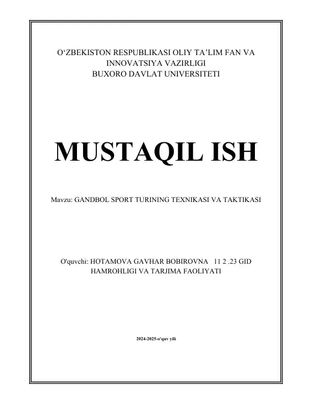 Gandbol sport turining texnikasi va taktikasi