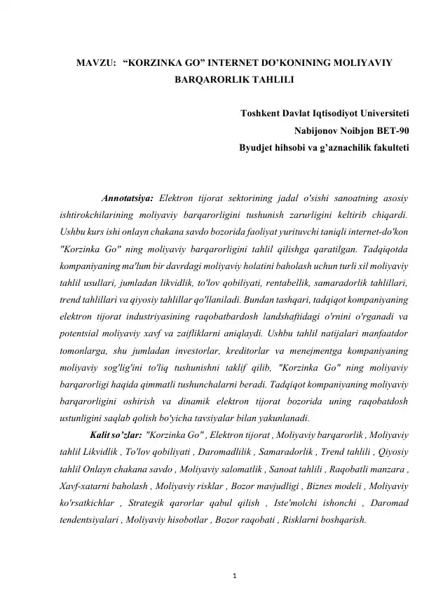 "KORZINKA GO" INTERNET DO’KONINING MOLIYAVIY BARQARORLIK TAHLILI