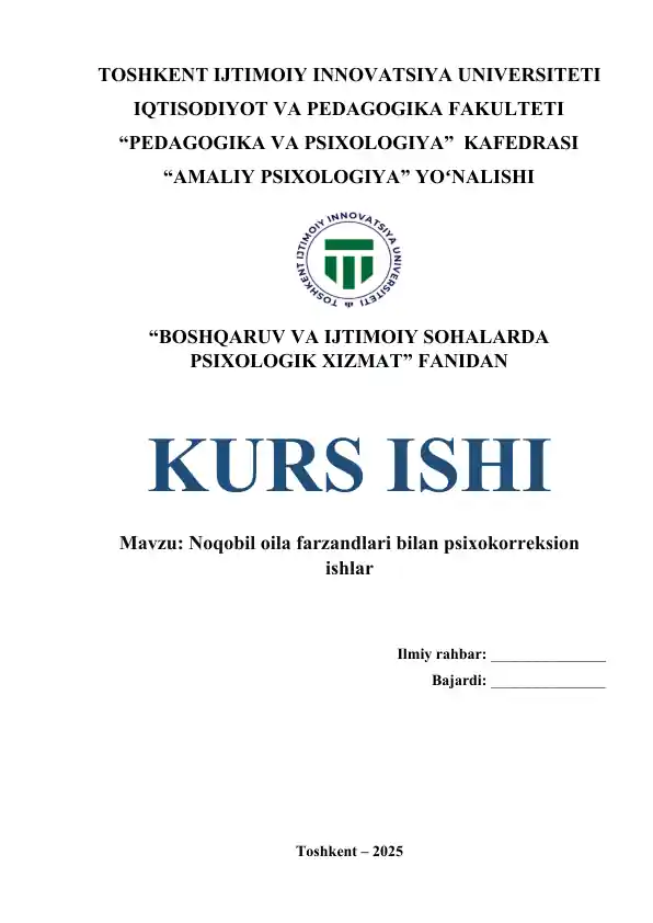 Noqobil oila farzandlari bilan psixokorreksion ishlar