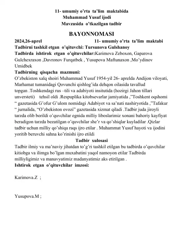 Tadbirni tashkil etgan Muhammad Yusuf ijodi