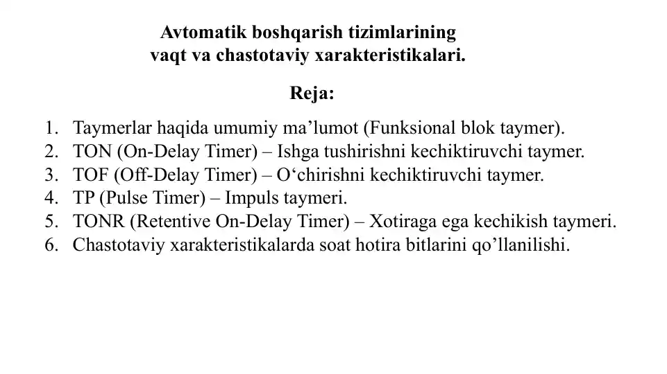 Taymerlar haqida umumiy ma'lumot (Funksional blok taymer)