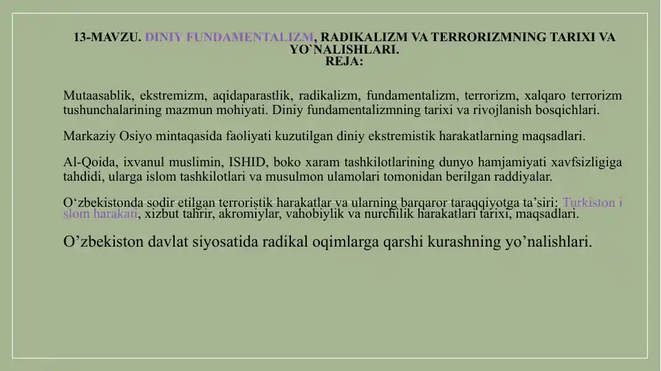 Diniy Fundamentalizm, Radikalizm va Terrorizmning Tarixi va Yo`nalishlari