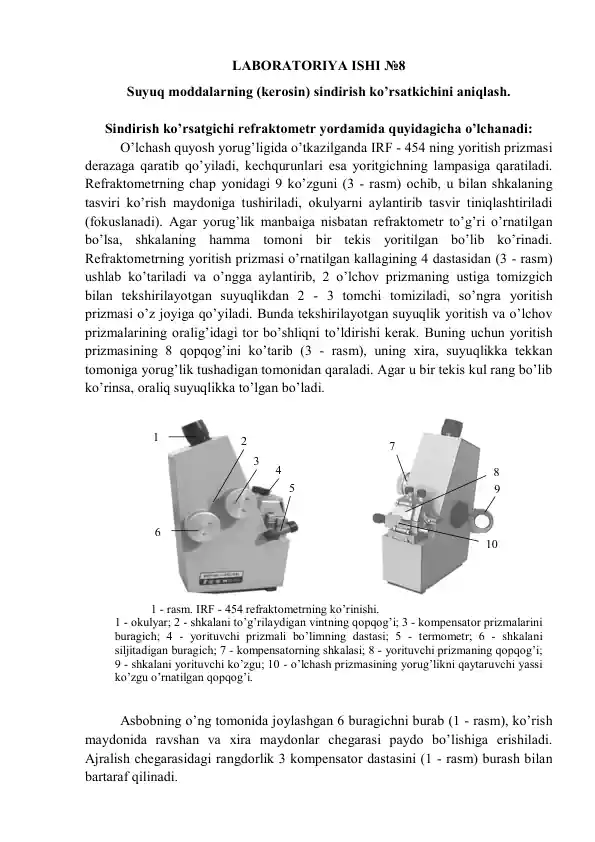 Suyuq moddalarning (kerosin) sindirish ko’rsatkichini aniqlash laboratoriyasi