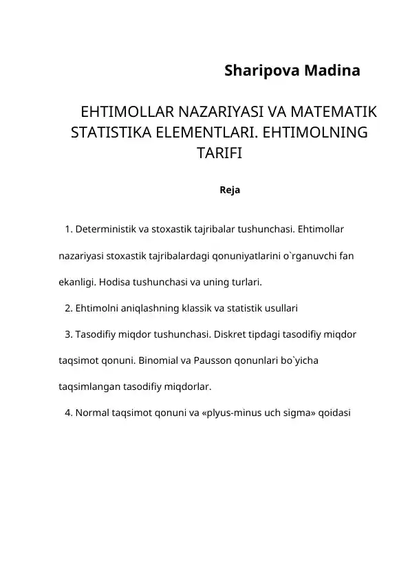 EHTIMOLLAR NAZARIYASI VA MATEMATIK STATISTIKA ELEMENTLARI. EHTIMOLNING TARIFI