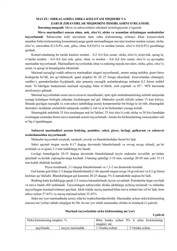 Sirkalashda sirka kislotasi miqdori va zarur ziravorlar miqdorini hisoblashni o‘rganish