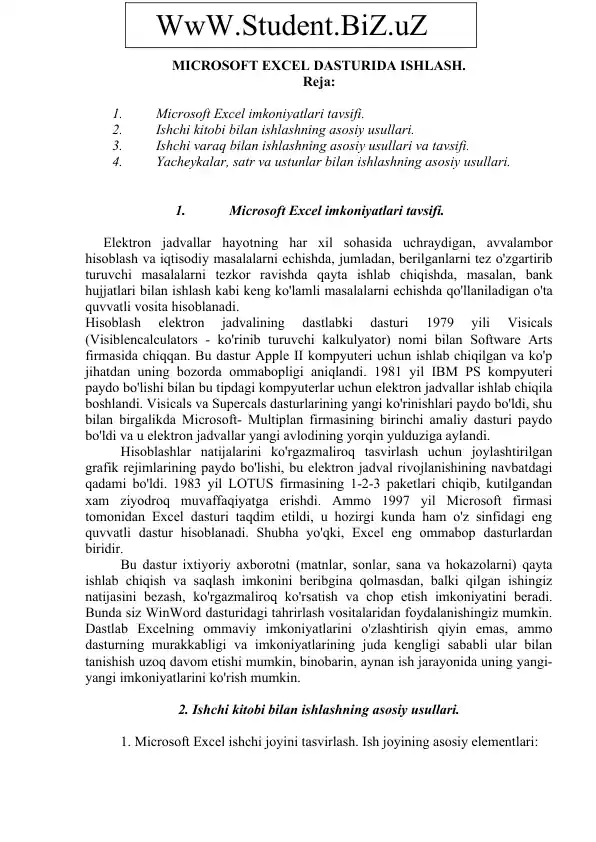 MICROSOFT EXCEL DASTURIDA ISHLASH