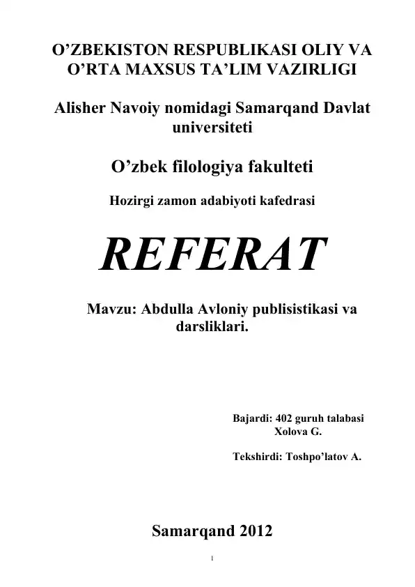 Abdulla Avloniy publisistikasi va darsliklari