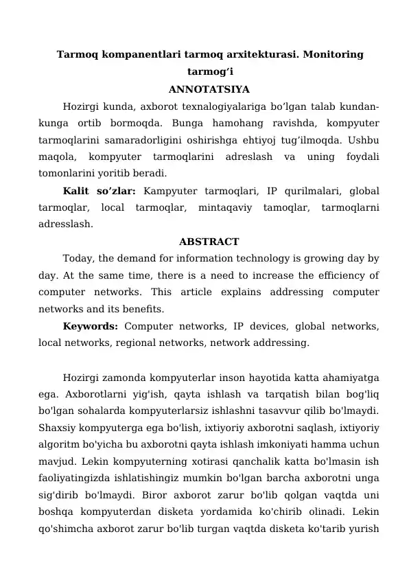 Tarmoq kompanentlari tarmoq arxitekturasi. Monitoring tarmogʻi