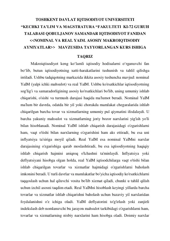 NOMINAL VA REAL YAIM. ASOSIY MAKROIQTISODI AYNIYATLAR