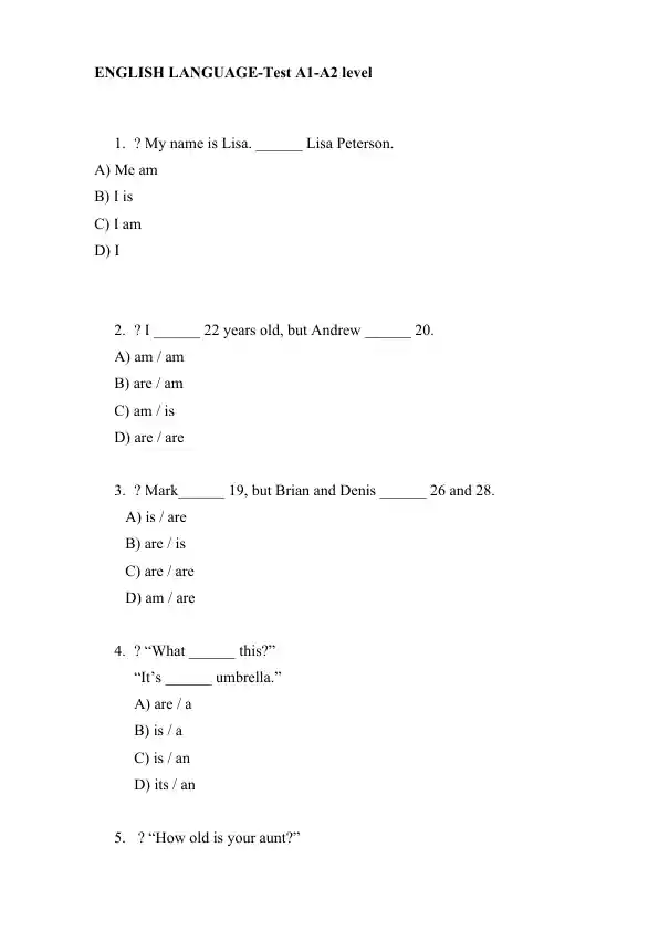 ENGLISH LANGUAGE-Test A1-A2 level
