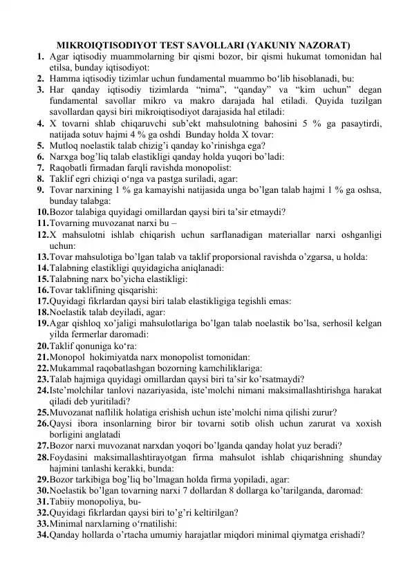 Mikroiqtisodiyot Test Savollari (Yakuniy Nazorat)