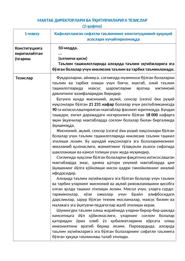 Maktab direktorlari va o'qituvchilariga tezislar