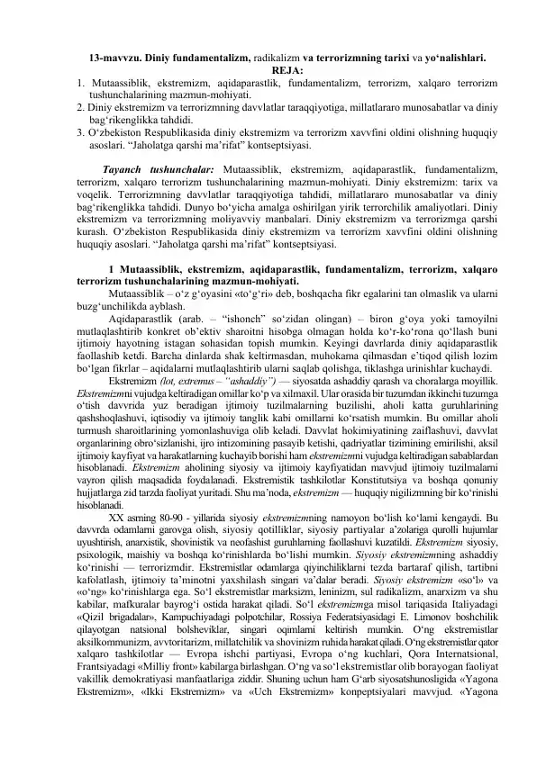 Diniy fundamentalizm, radikalizm va terrorizmning tarixi va yo‘nalishlari