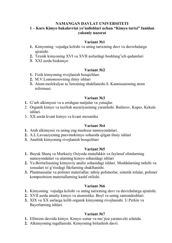 Kimyo tarixi fanidan yakuniy nazorat variantlari (NamDU, 1-kurs)