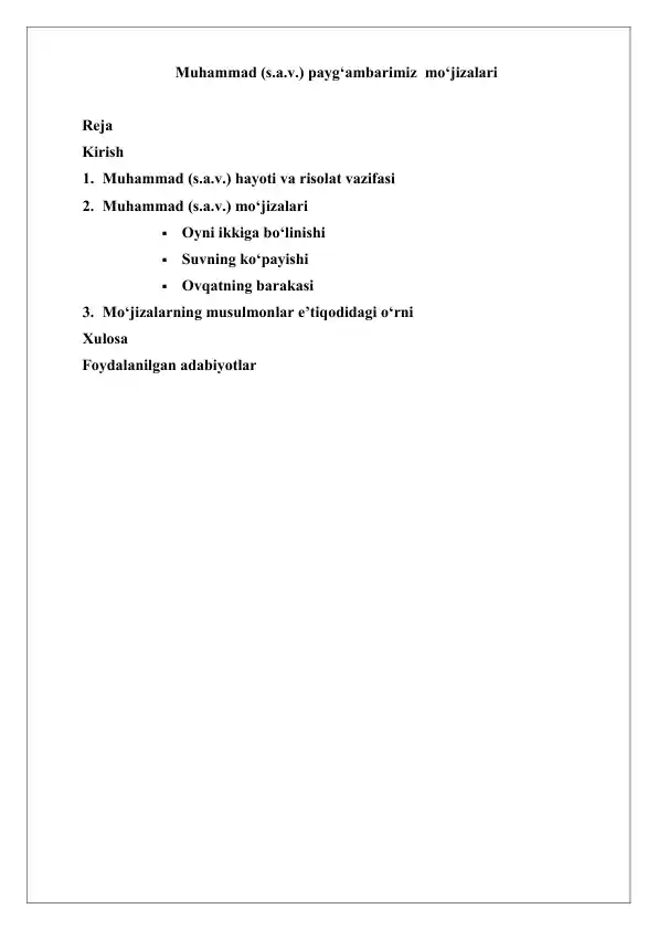 Muhammad (s.a.v.) payg‘ambarimiz mo‘jizalari