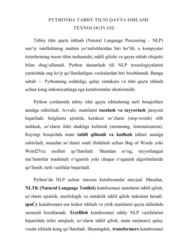 Python dasturlash tili yordamida Tabiiy Tilni Qayta Ishlash Texnologiyasi