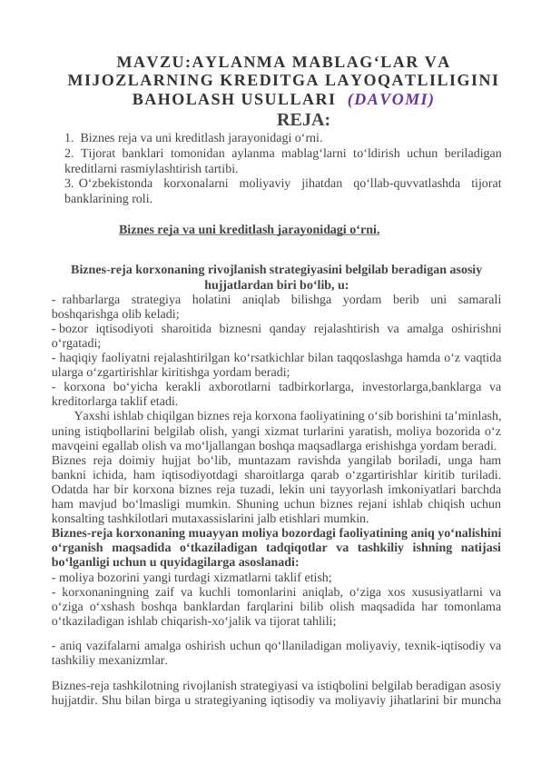 Aylanma Mablag‘lar va Mijozlarning Kreditga Layoqatliligini Baholash Usullari