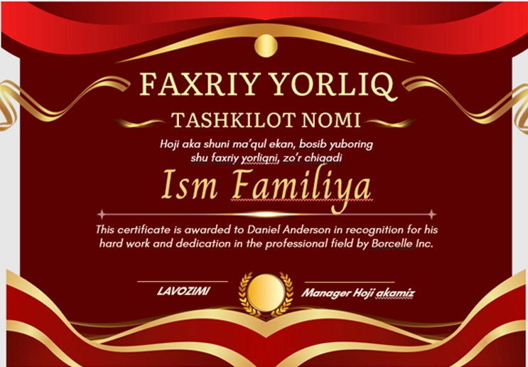 Faxriy yorliq shablon tayyori