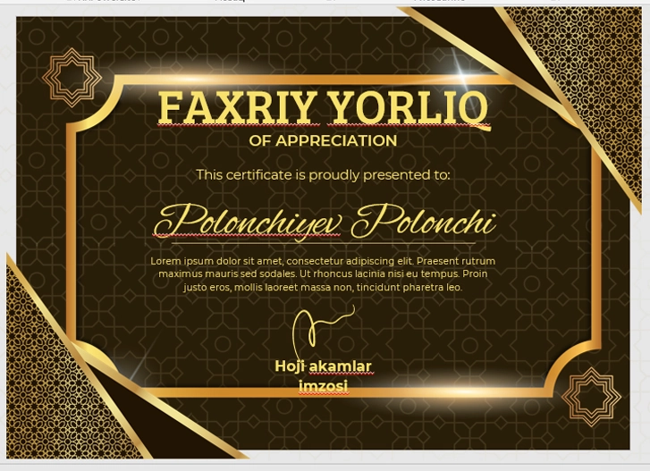 Faxriy yorliq shablon tayyori andoza