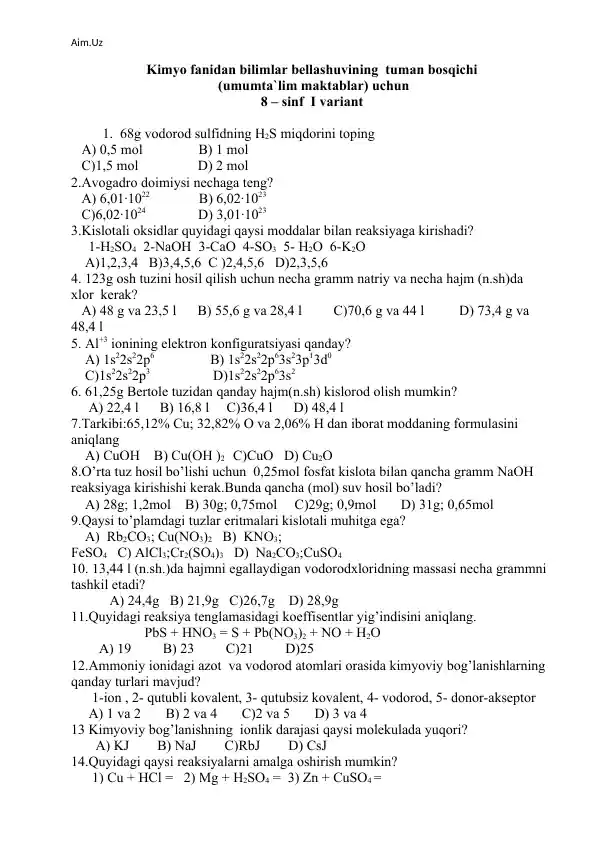 Kimyo fanidan bilimlar bellashuvi uchun test savollari to‘plami (8-sinf I variant)