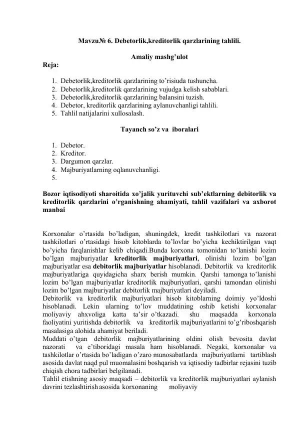 Debetorlik, kreditorlik qarzlarining tahlili