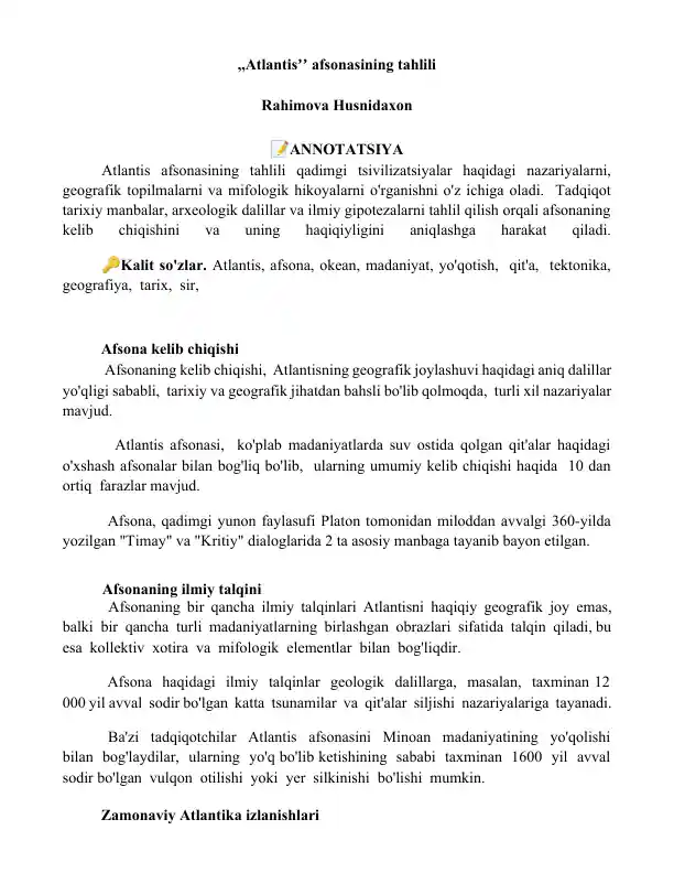 Atlantis Afsonasining Tahlili