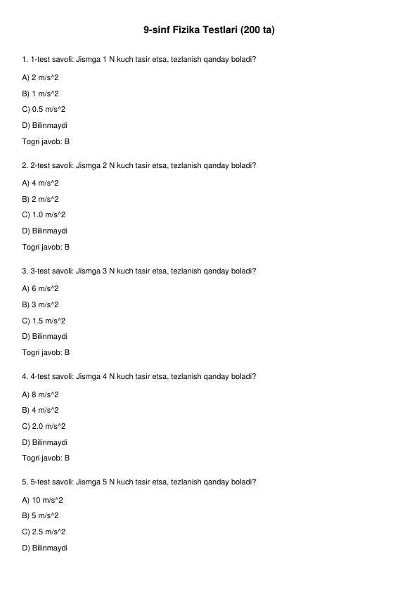 9-sinf Fizika Testlari (200 ta)