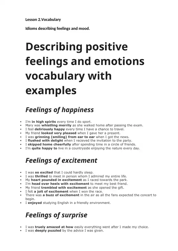 Positive Feelings and Emotions Vocabulary
