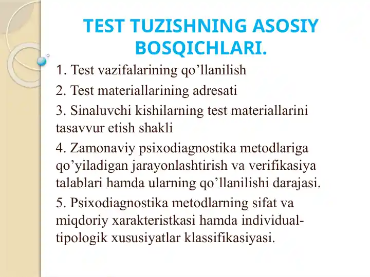 TEST TUZISHNING ASOSIY BOSQICHLARI