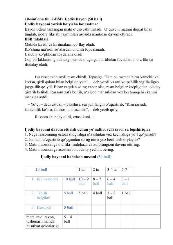 10-sinf ona tili. 2-BSB. Ijodiy bayon (50 ball)