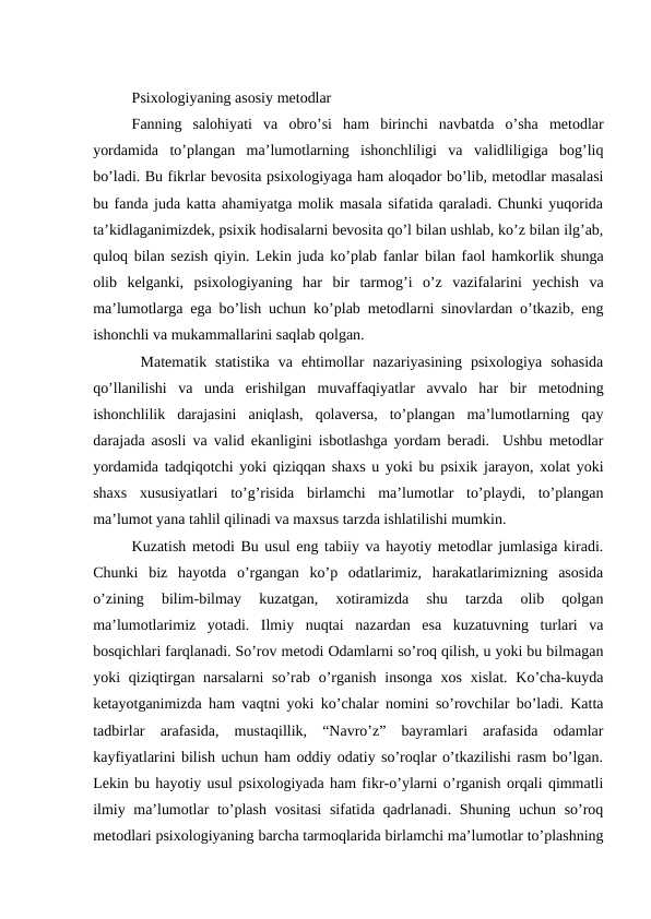 Psixologiyaning asosiy metodlari