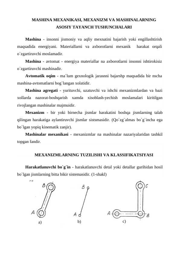 MASHINA VA MEXANIZMLAR NAZARIYASI FANIDAN TAYANCH TUSHUNCHALAR VA IBORALAR