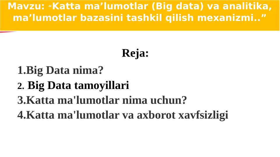 Katta ma’lumotlar (Big data) va analitika, ma’lumotlar bazasini tashkil qilish mexanizmi