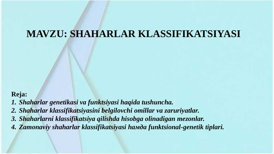 SHAHARLAR KLASSIFIKATSIYASI