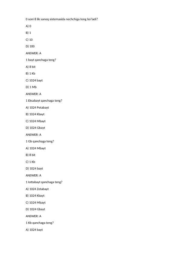 Tibbiyotda axborot texnologiyalari fanidan teslar to'plami - Informatika fanidan test