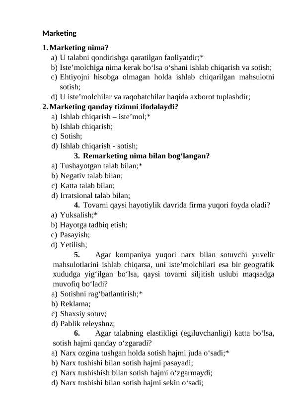 Marketing fanidan 120 ta test Javoblari bilan