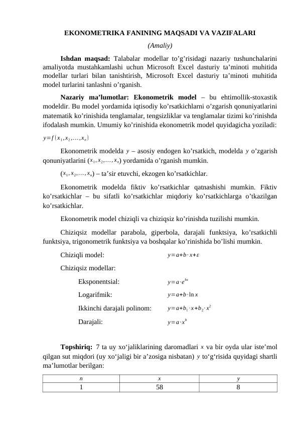 EKONOMETRIKA FANINING MAQSADI VA VAZIFALARI (Amaliy)