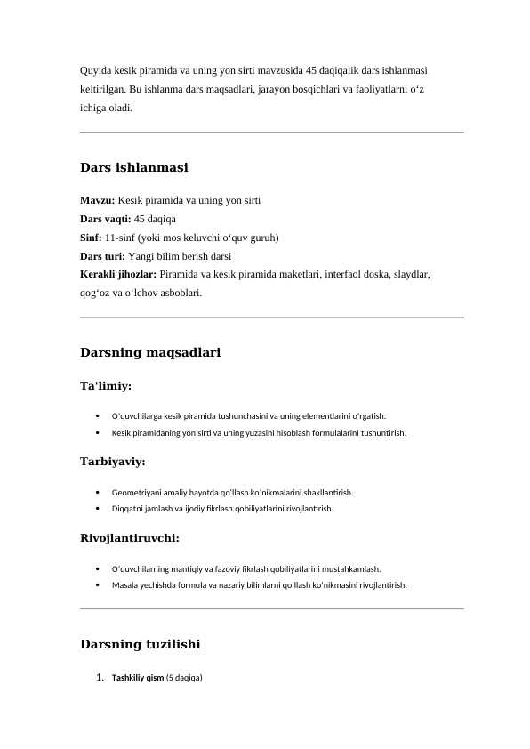 Kesik piramida va uning elementlari. Kesik piramidaning yon sirti