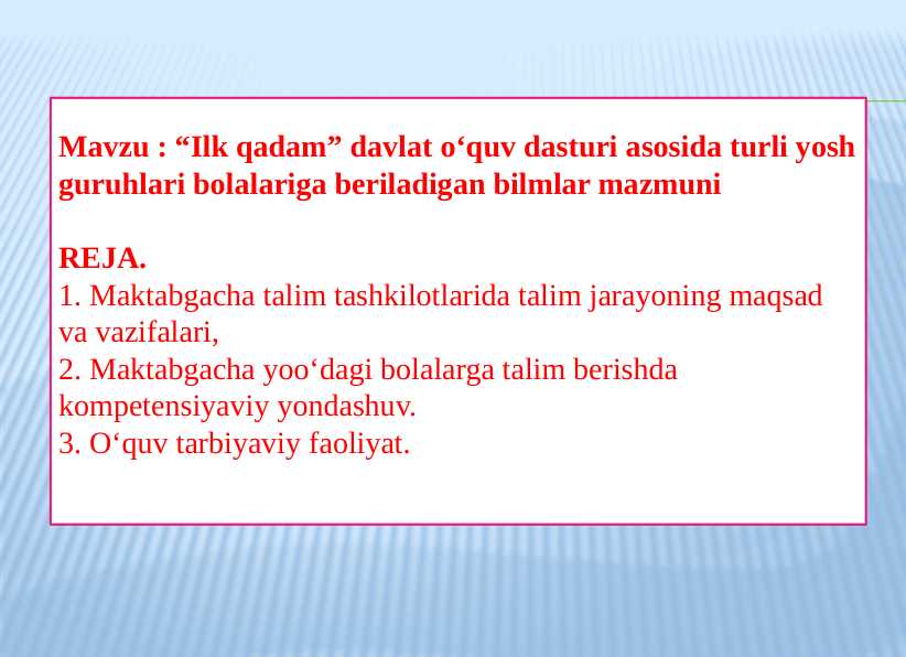 Ilk qadam davlat o‘quv dasturi asosida turli yosh guruhlari bolalariga beriladigan bilmlar mazmuni