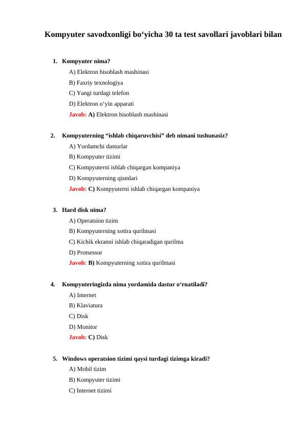 Kompyuter savodxonligi boʻyicha 30 ta test savollari javoblari bilan