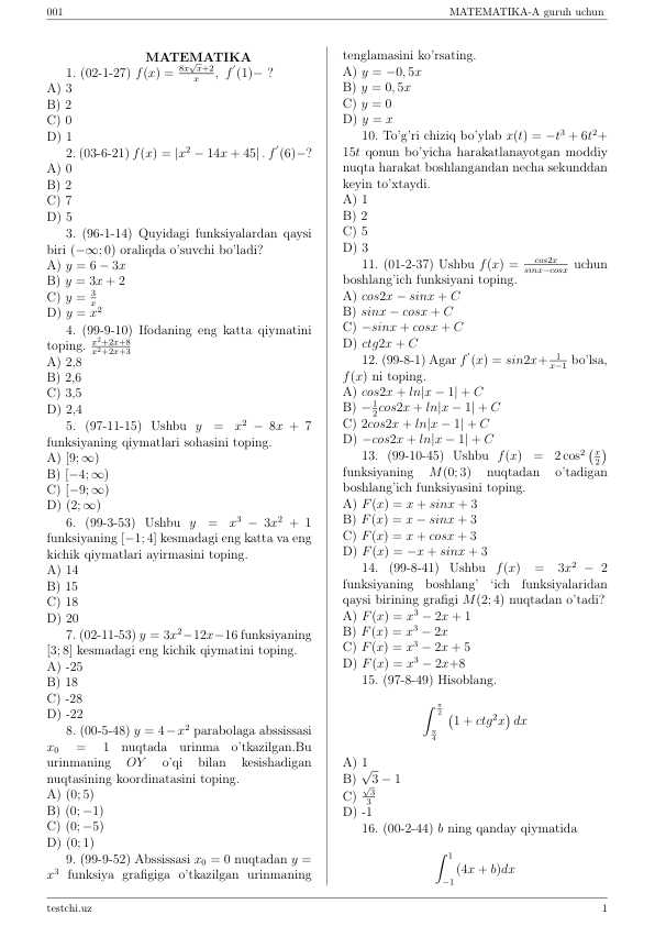 Hosila va Integral, misollar