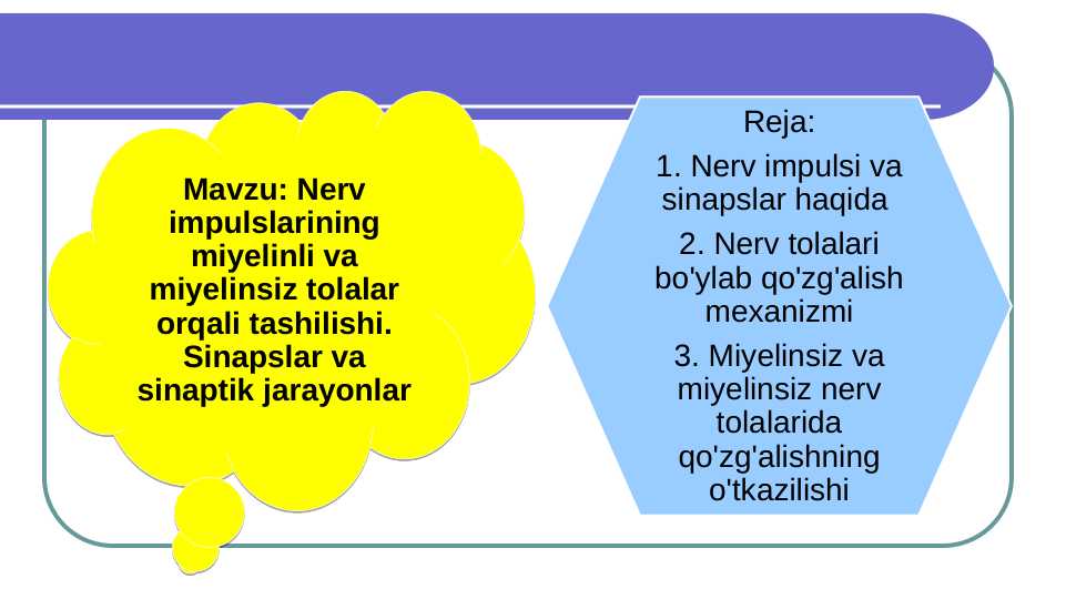 Nerv impulslarining miyelinli va miyelinsiz tolalar orqali tashilishi. Sinapslar va sinaptik jarayonlar