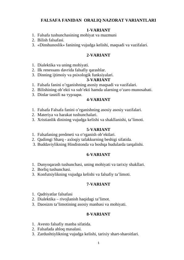 FALSAFA FANIDAN ORALIQ NAZORAT VARIANTLARI