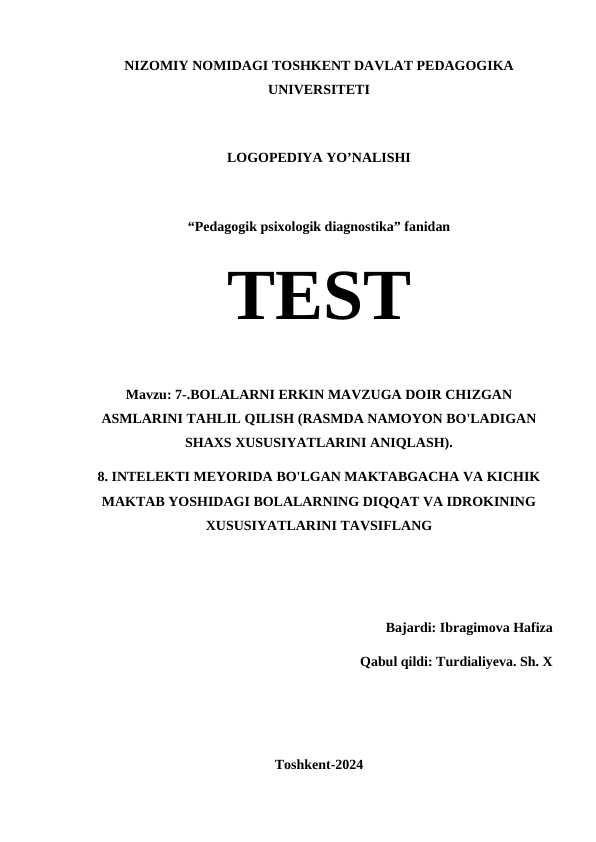 Pedagogik psixologik diagnostika fanidan test
