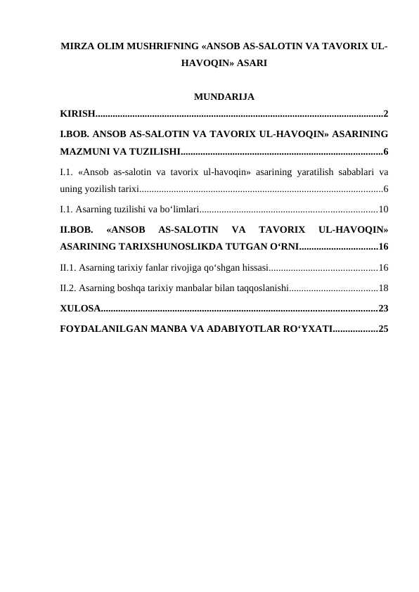 MIRZA OLIM MUSHRIFNING «ANSOB AS-SALOTIN VA TAVORIX UL-HAVOQIN» ASARI