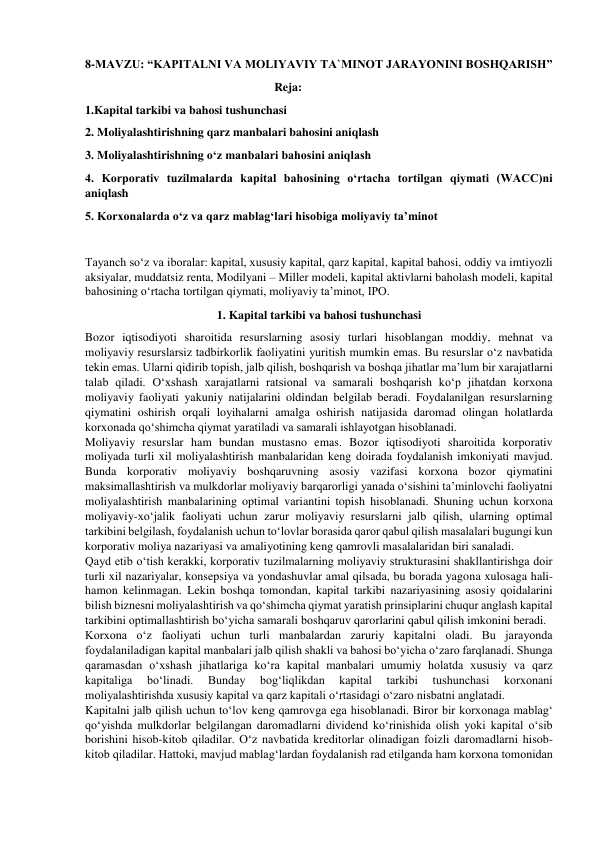 KAPITALNI VA MOLIYAVIY TA`MINOT JARAYONINI BOSHQARISH