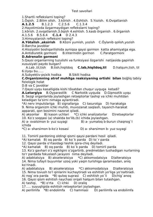 Biologiya fanidan mavzulashtirilgan testlar 8sinf