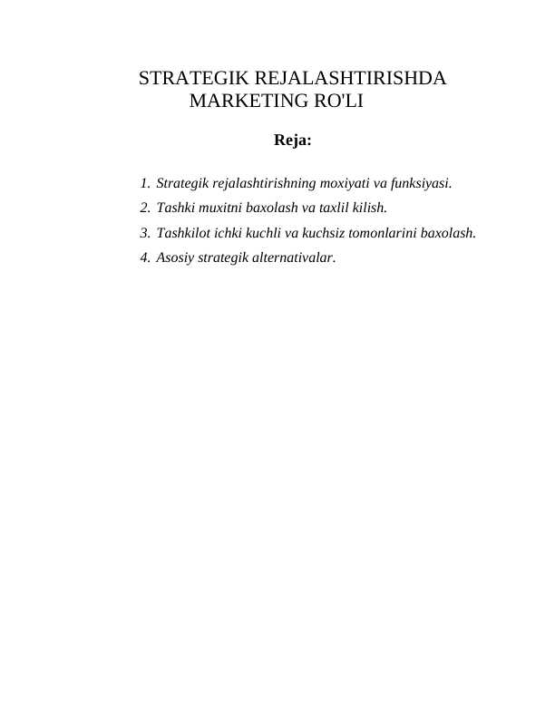 STRATEGIK REJALASHTIRISHDA MARKETING RO'LI