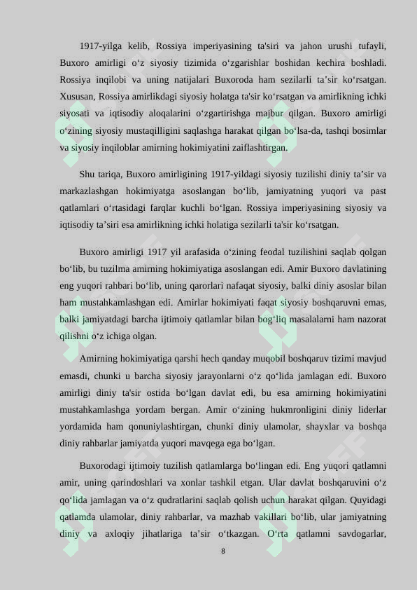 1917 yil arafasida Buxoro amirligi va Xiva xonligidagi ijtimoiy siyosiy hayot